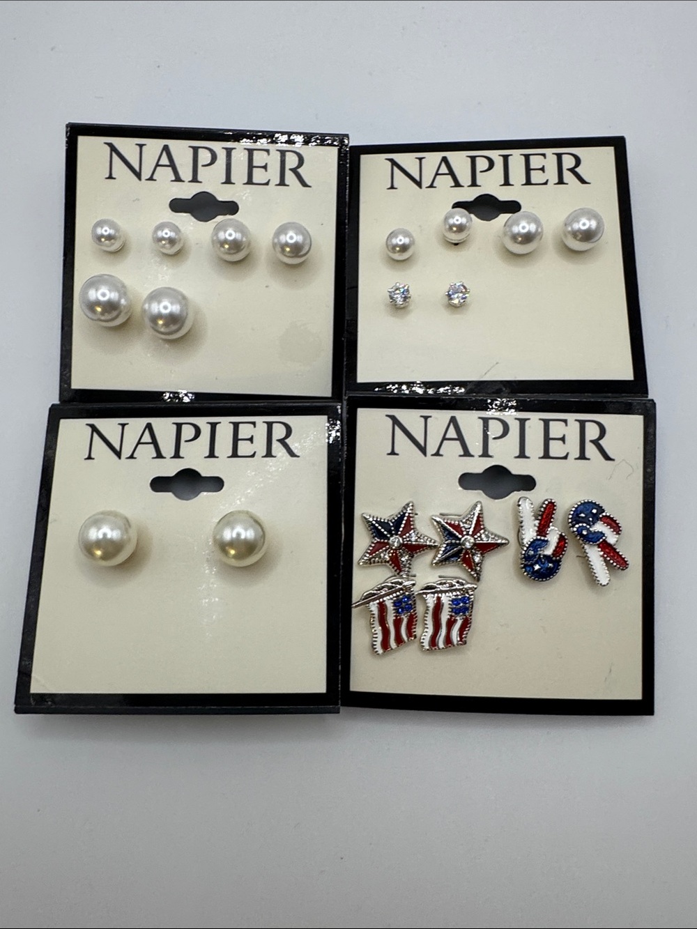 4 Pairs of Napier Faux Pearl and Red White Blue Enamel Stud Earrings